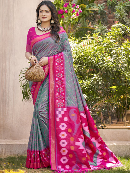 Sutriti Grey & Magenta Pochampalli Soft Silk Saree with Traditional Ikat Woven Pallu – Perfect for Festive Celebrations & Wedding Occasions