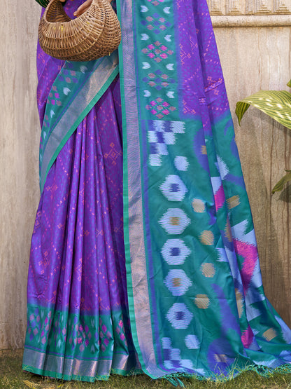 Sutriti Violet & Sky Blue Pochampalli Soft Silk Saree with Traditional Ikat Woven Pallu – Perfect for Festive Celebrations & Wedding Occasions