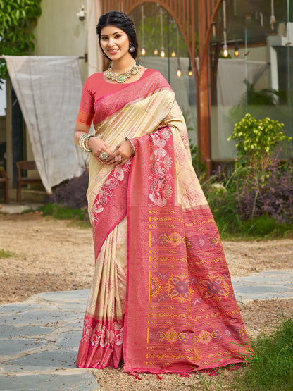 Sutriti Cream Pochampalli Silk Saree for Women | Wedding & Festive Wear Saree
