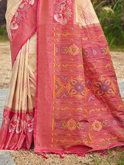 Sutriti Cream Pochampalli Silk Saree for Women | Wedding & Festive Wear Saree