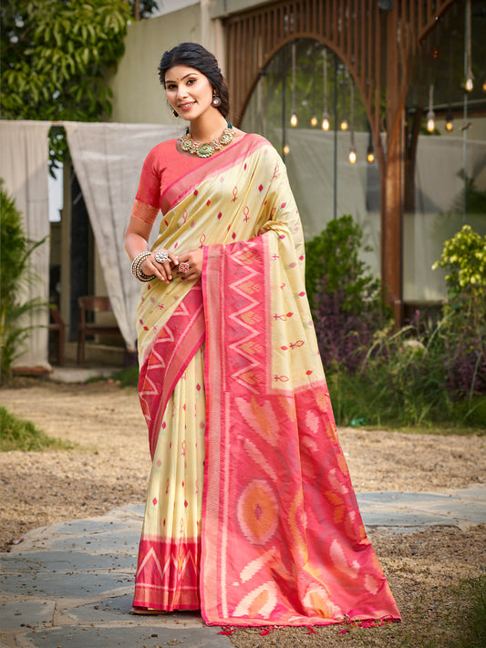 Sutriti Cream Pochampalli Silk Saree | Traditional Wedding & Festive Wear Saree