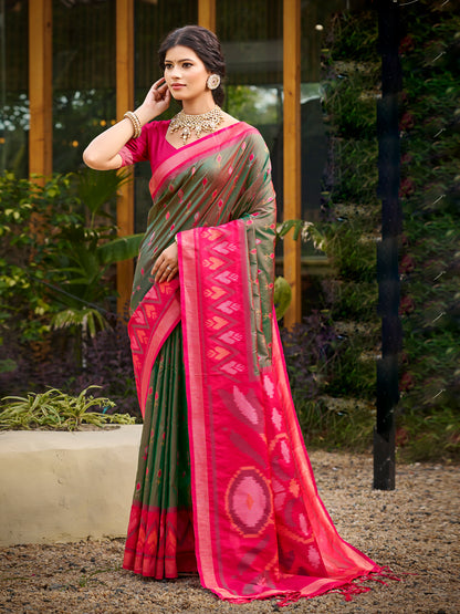 Sutriti Olive Green Pochampalli Silk Saree | Traditional Wedding & Festive Wear Saree