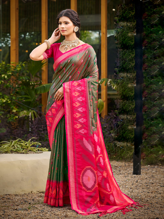 Sutriti Olive Green Pochampalli Silk Saree | Traditional Wedding & Festive Wear Saree