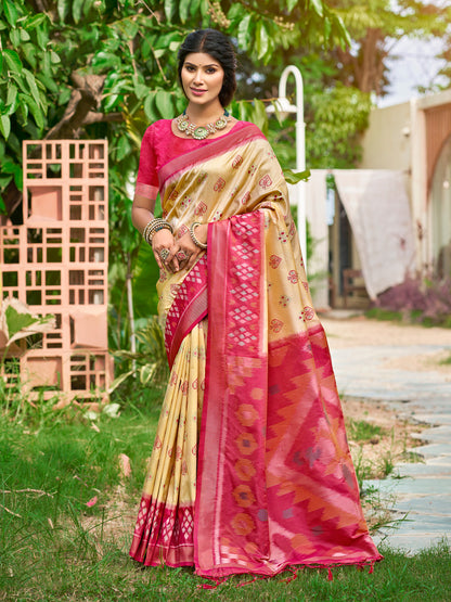 Sutriti Cream Pochampalli Silk Saree | Elegant Traditional Wedding & Festive Wear Saree