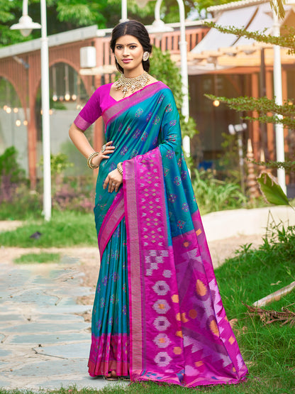 Sutriti Teal Blue Pochampalli Silk Saree | Elegant Traditional Wedding & Festive Wear Saree