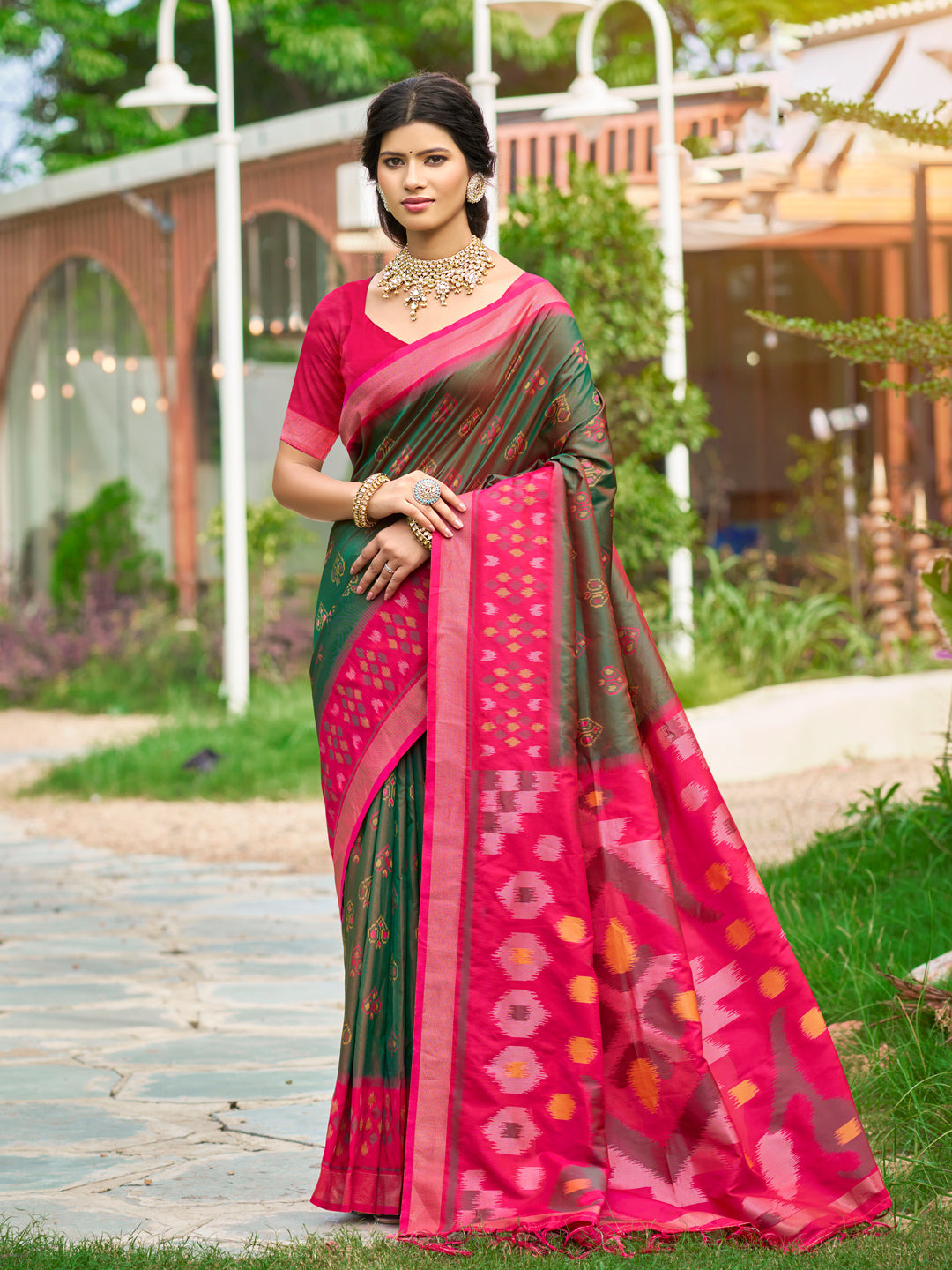 Sutriti Olive Green Pochampalli Silk Saree | Elegant Traditional Wedding & Festive Wear Saree