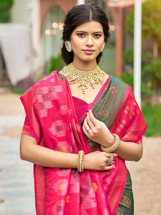 Sutriti Olive Green Pochampalli Silk Saree | Elegant Traditional Wedding & Festive Wear Saree