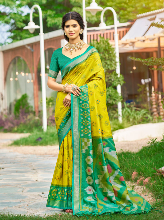Sutriti Mustard Yellow Pochampalli Silk Saree | Elegant Traditional Wedding & Festive Wear Saree