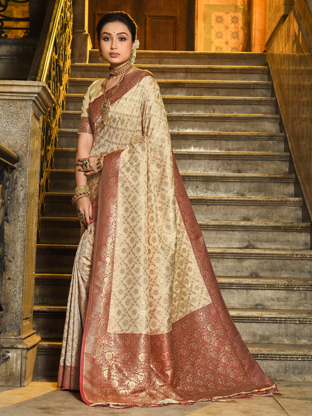 Sutriti Ivory and Maroon Banarasi Silk Saree with Golden Zari – Regal Elegance for Timeless Celebrations