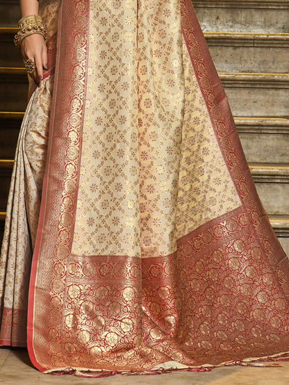 Sutriti Ivory and Maroon Banarasi Silk Saree with Golden Zari – Regal Elegance for Timeless Celebrations