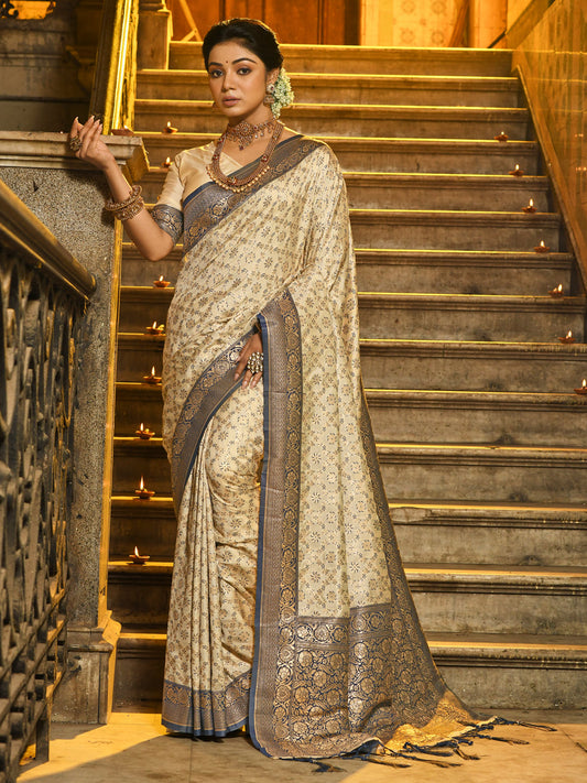 Sutriti Ivory and Navy Blue Banarasi Silk Saree with Golden Zari – Regal Elegance for Timeless Celebrations