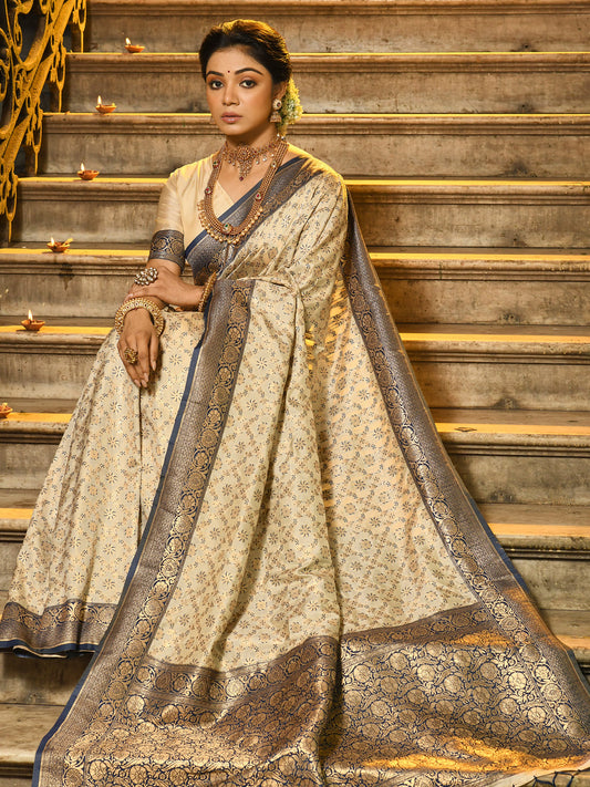 Sutriti Ivory and Navy Blue Banarasi Silk Saree with Golden Zari – Regal Elegance for Timeless Celebrations