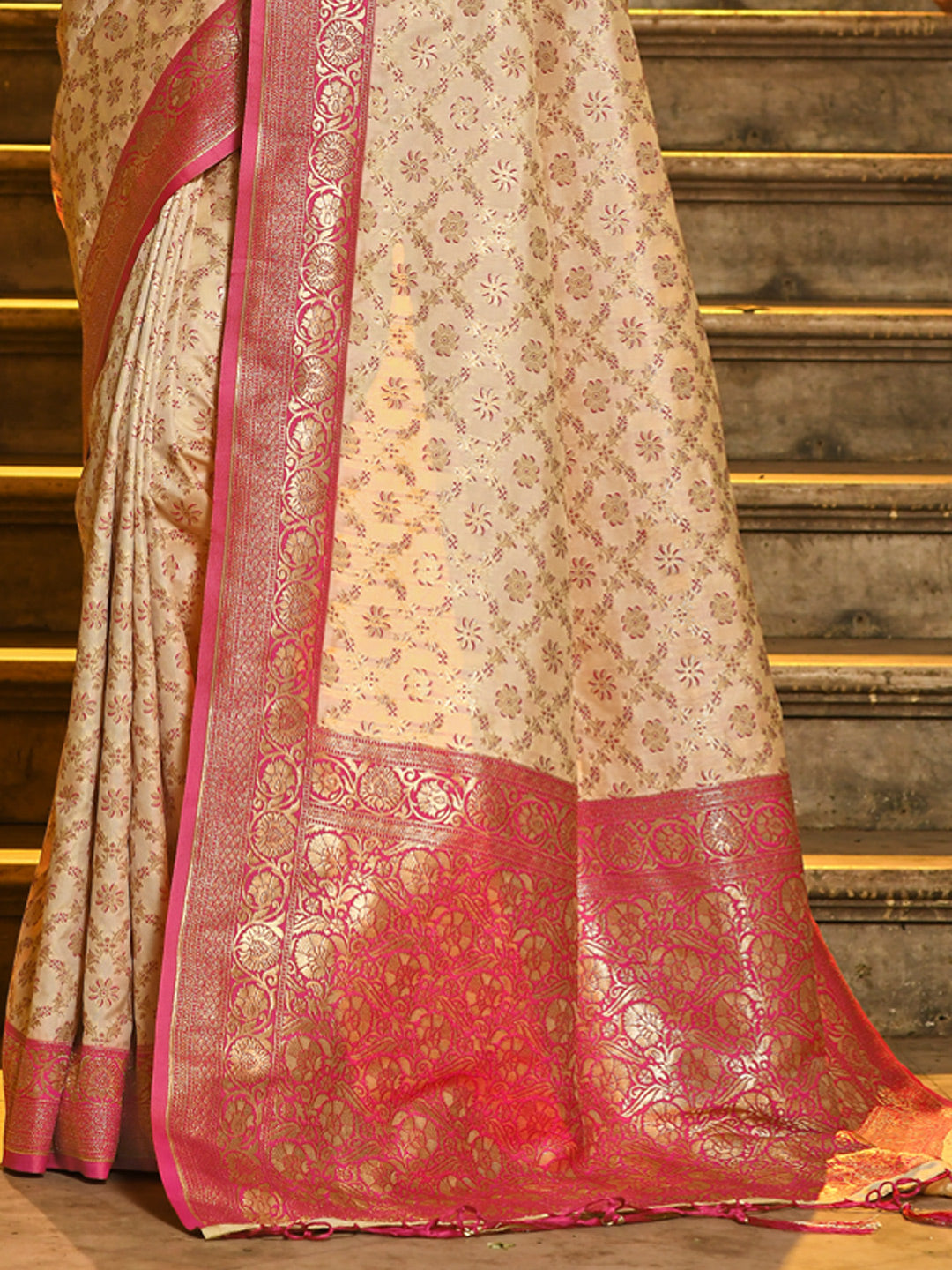 Sutriti Ivory and Pink Banarasi Silk Saree with Golden Zari – Regal Elegance for Timeless Celebrations