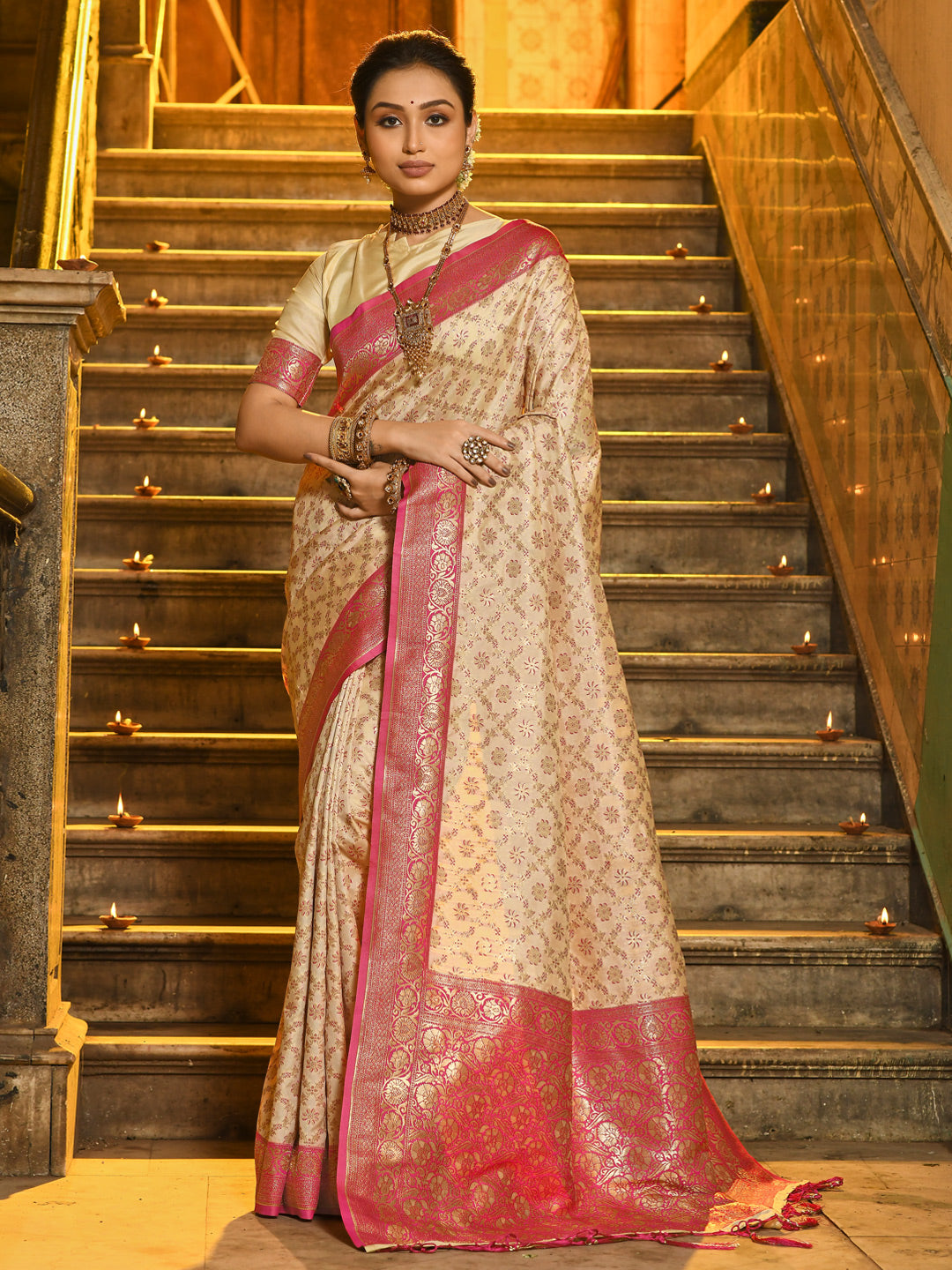Sutriti Ivory and Pink Banarasi Silk Saree with Golden Zari – Regal Elegance for Timeless Celebrations