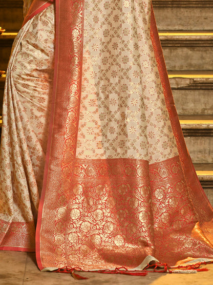 Sutriti Ivory and Red Banarasi Silk Saree with Golden Zari – Regal Elegance for Timeless Celebrations