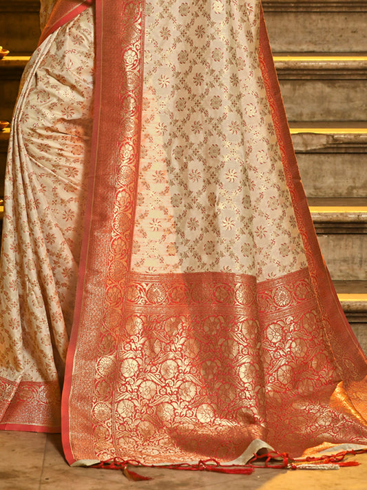Sutriti Ivory and Red Banarasi Silk Saree with Golden Zari – Regal Elegance for Timeless Celebrations