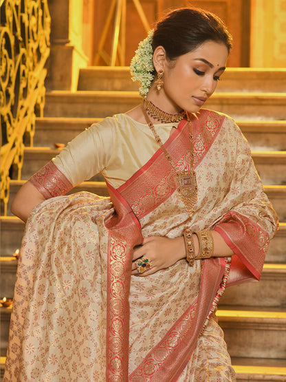 Sutriti Ivory and Red Banarasi Silk Saree with Golden Zari – Regal Elegance for Timeless Celebrations