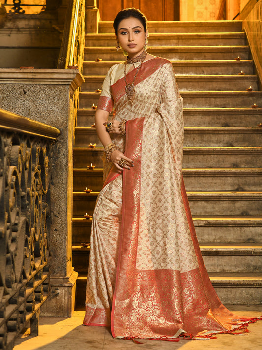 Sutriti Ivory and Red Banarasi Silk Saree with Golden Zari – Regal Elegance for Timeless Celebrations