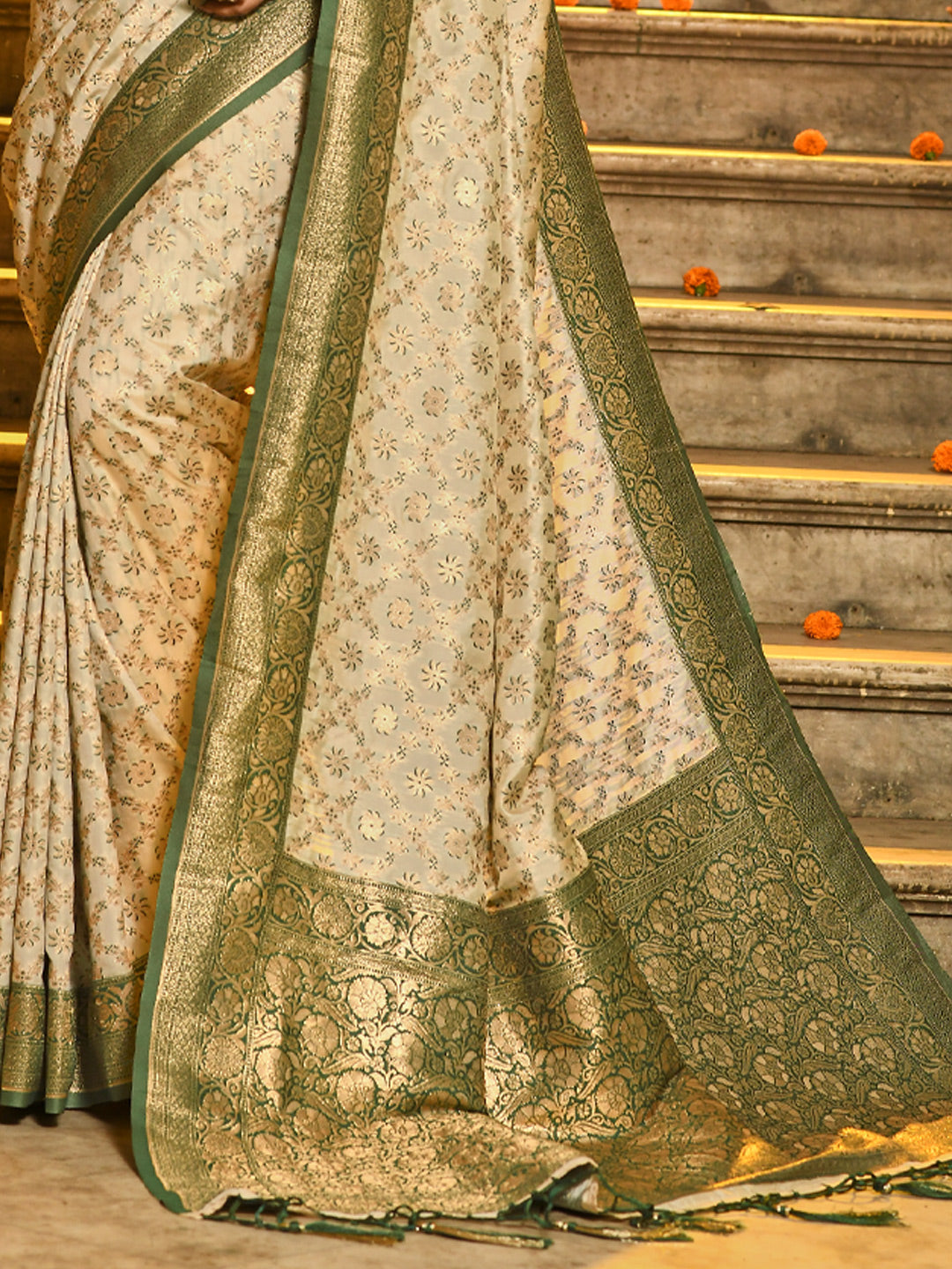 Sutriti Ivory and Green Banarasi Silk Saree with Golden Zari – Regal Elegance for Timeless Celebrations