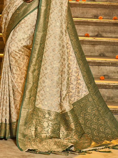 Sutriti Ivory and Green Banarasi Silk Saree with Golden Zari – Regal Elegance for Timeless Celebrations