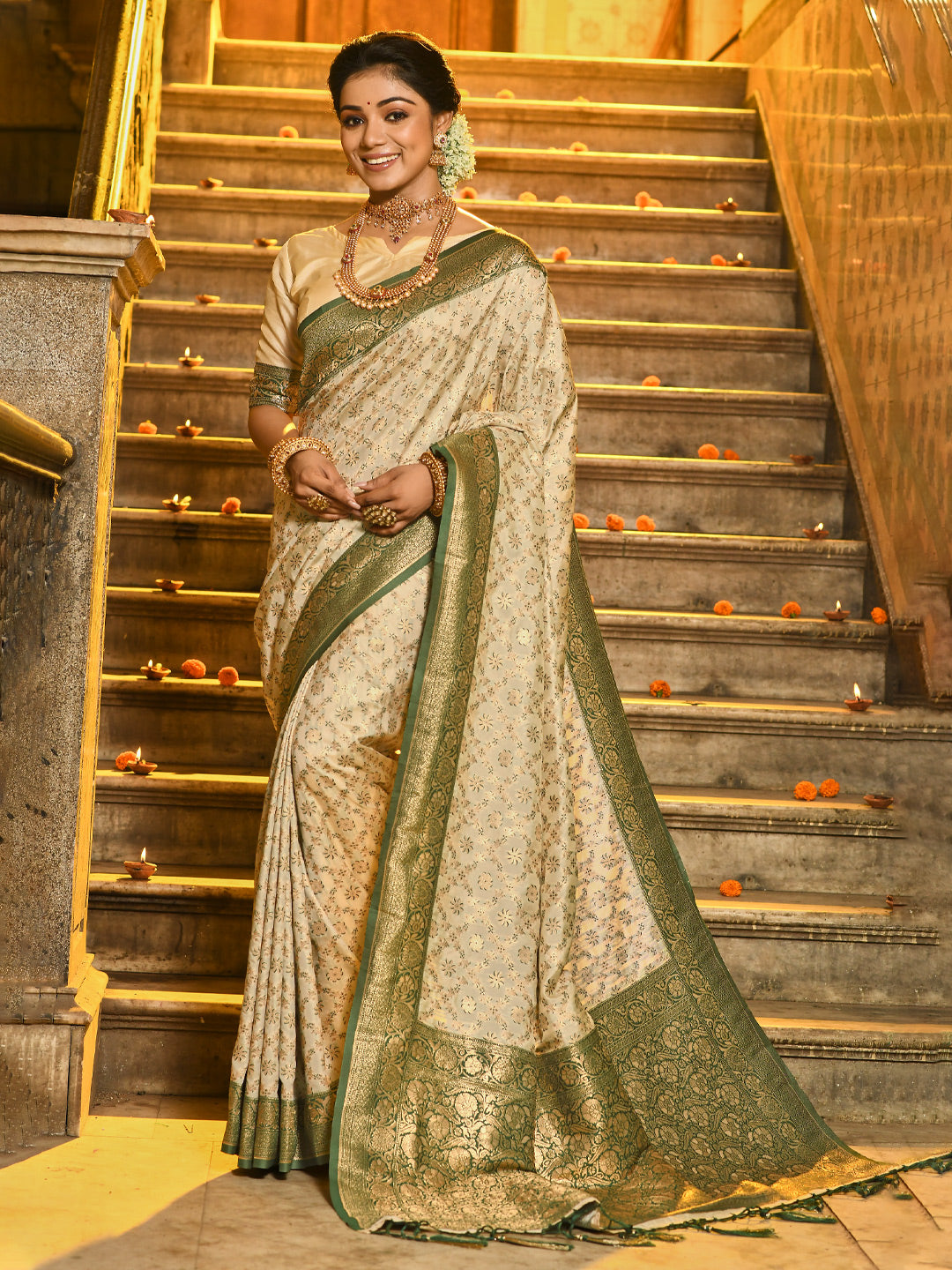 Sutriti Ivory and Green Banarasi Silk Saree with Golden Zari – Regal Elegance for Timeless Celebrations