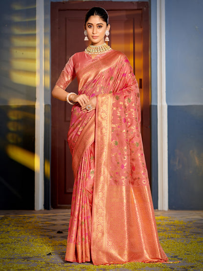 Sutriti Graceful Peach Banarasi Silk Saree with Golden Zari Woven Border & Floral Jaal – Wedding & Festive Wear