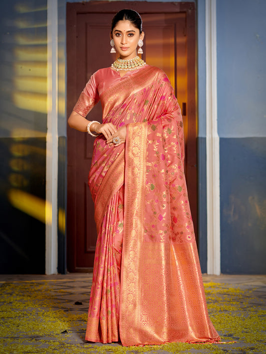 Sutriti Graceful Peach Banarasi Silk Saree with Golden Zari Woven Border & Floral Jaal – Wedding & Festive Wear