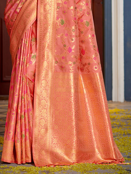Sutriti Graceful Peach Banarasi Silk Saree with Golden Zari Woven Border & Floral Jaal – Wedding & Festive Wear