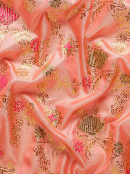 Sutriti Graceful Peach Banarasi Silk Saree with Golden Zari Woven Border & Floral Jaal – Wedding & Festive Wear