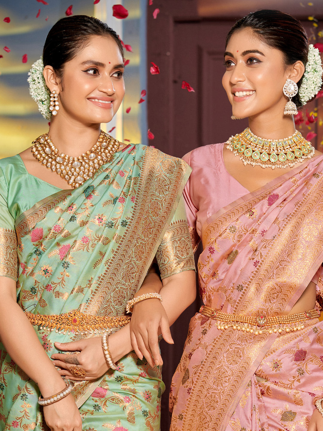 Sutriti Graceful Sea Green Banarasi Silk Saree with Golden Zari Woven Border & Floral Jaal – Wedding & Festive Wear