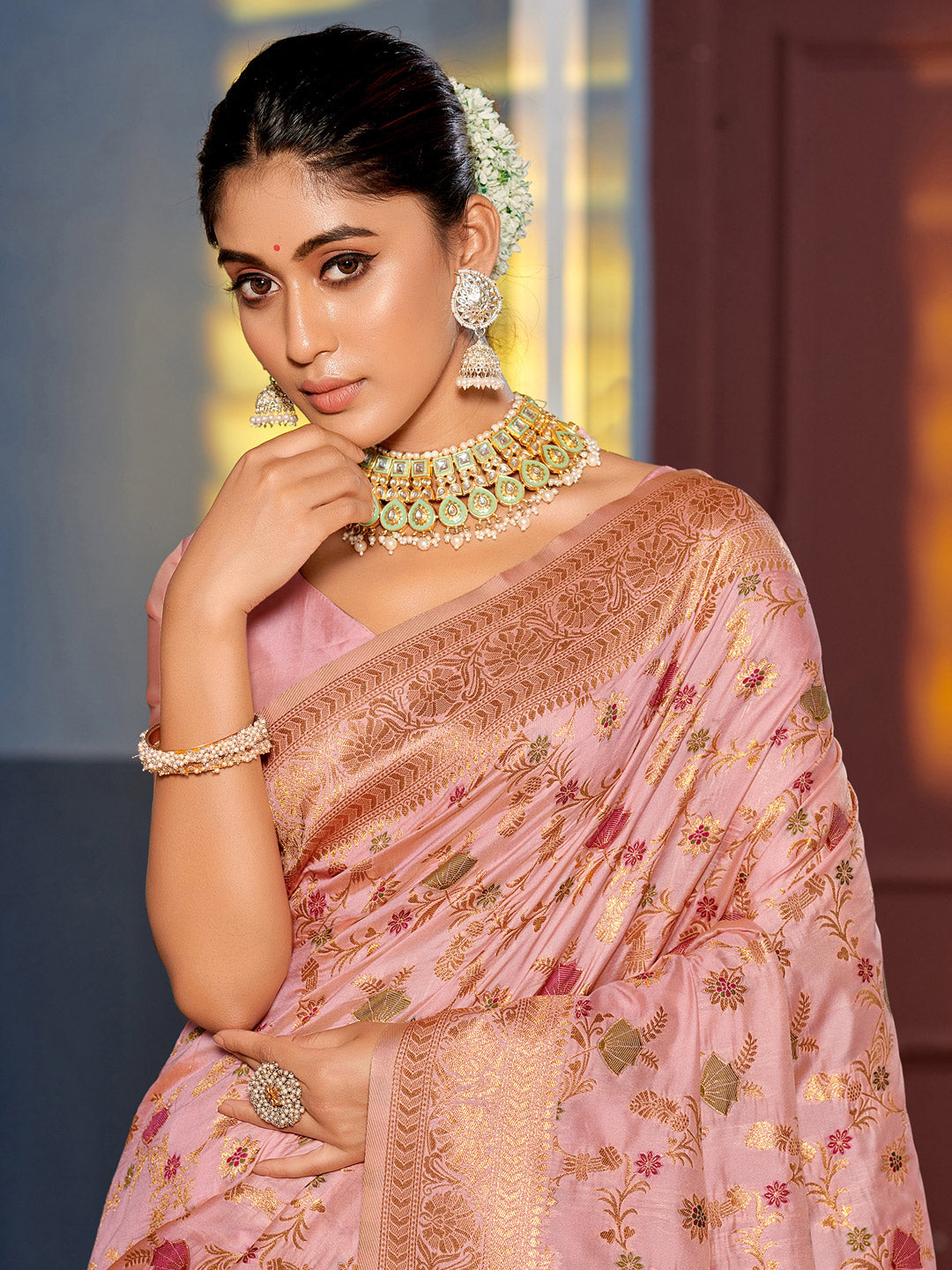 Sutriti Graceful Pink Banarasi Silk Saree with Golden Zari Woven Border & Floral Jaal – Wedding & Festive Wear