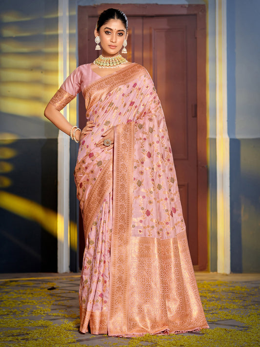 Sutriti Graceful Pink Banarasi Silk Saree with Golden Zari Woven Border & Floral Jaal – Wedding & Festive Wear
