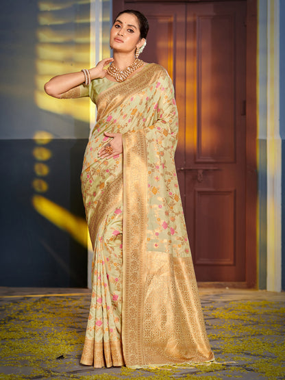 Sutriti Graceful Light Green Banarasi Silk Saree with Golden Zari Woven Border & Floral Jaal – Wedding & Festive Wear