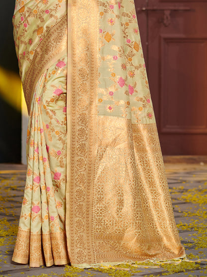 Sutriti Graceful Light Green Banarasi Silk Saree with Golden Zari Woven Border & Floral Jaal – Wedding & Festive Wear