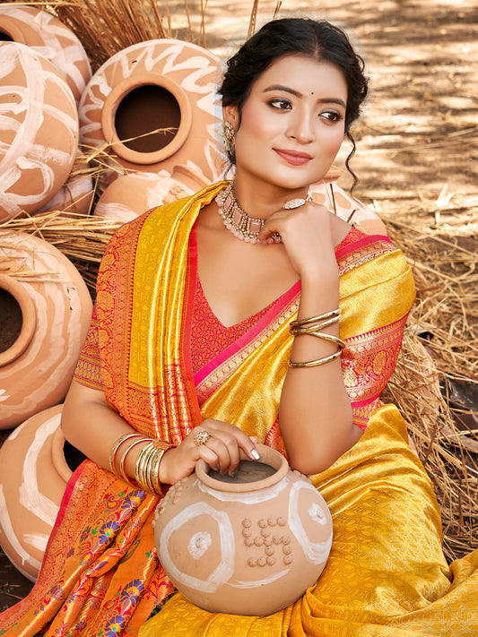 Sutriti Kanjivaram Silk Saree for Women Yellow Wedding Wear with Red Blouse Rich Zari Woven Design Saree