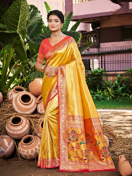 Sutriti Kanjivaram Silk Saree for Women Yellow Wedding Wear with Red Blouse Rich Zari Woven Design Saree