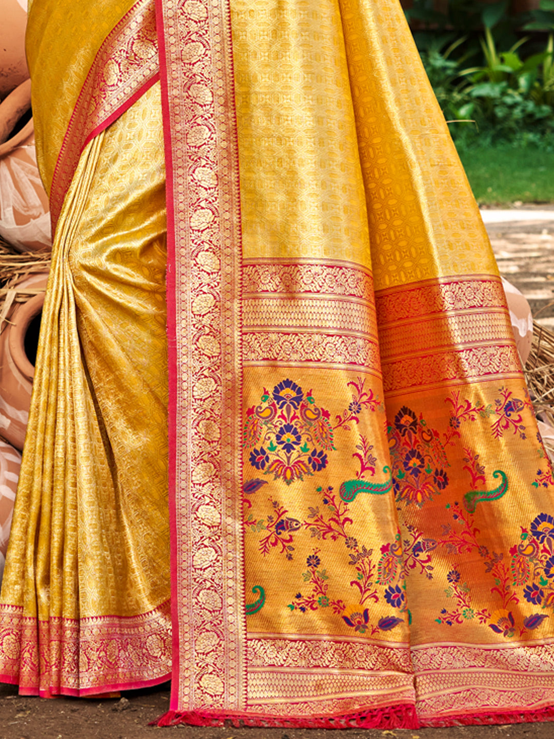 Sutriti Kanjivaram Silk Saree for Women Yellow Wedding Wear with Red Blouse Rich Zari Woven Design Saree