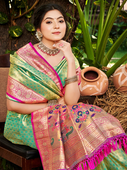 Sutriti Kanjivaram Silk Saree for Women Light Green Wedding Wear with Red Blouse Rich Zari Woven Design Saree