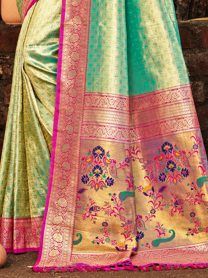 Sutriti Kanjivaram Silk Saree for Women Light Green Wedding Wear with Red Blouse Rich Zari Woven Design Saree