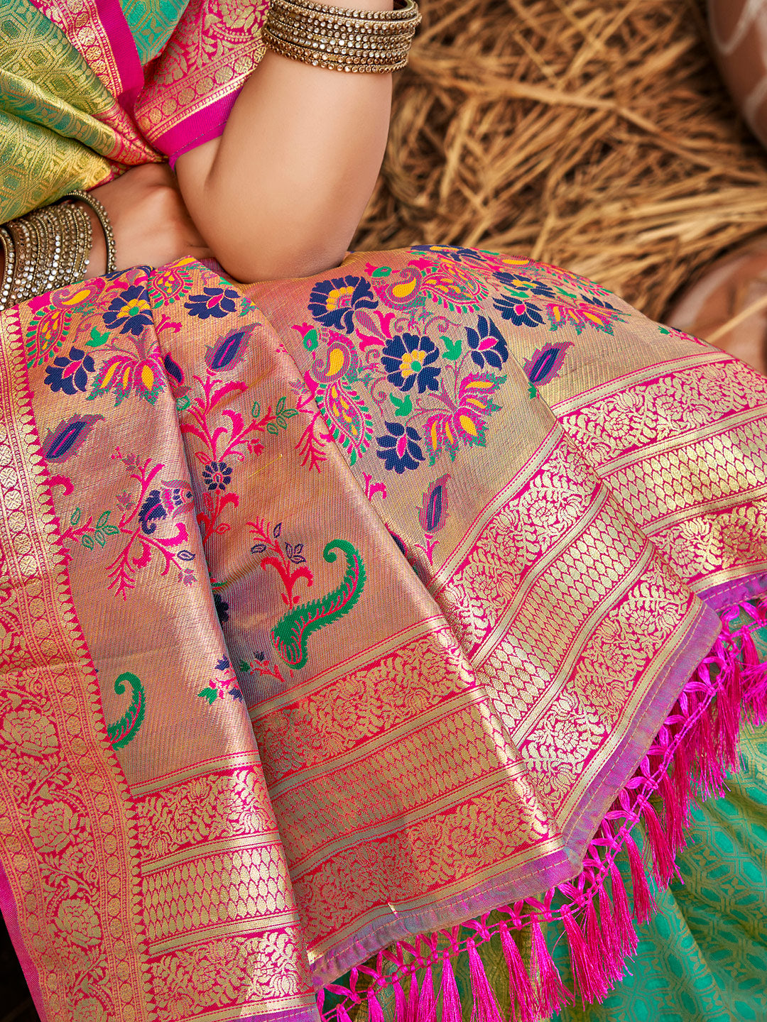 Sutriti Kanjivaram Silk Saree for Women Light Green Wedding Wear with Red Blouse Rich Zari Woven Design Saree