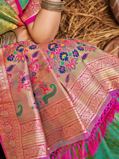 Sutriti Kanjivaram Silk Saree for Women Light Green Wedding Wear with Red Blouse Rich Zari Woven Design Saree