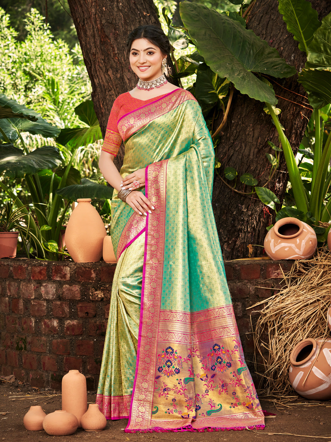 Sutriti Kanjivaram Silk Saree for Women Light Green Wedding Wear with Red Blouse Rich Zari Woven Design Saree