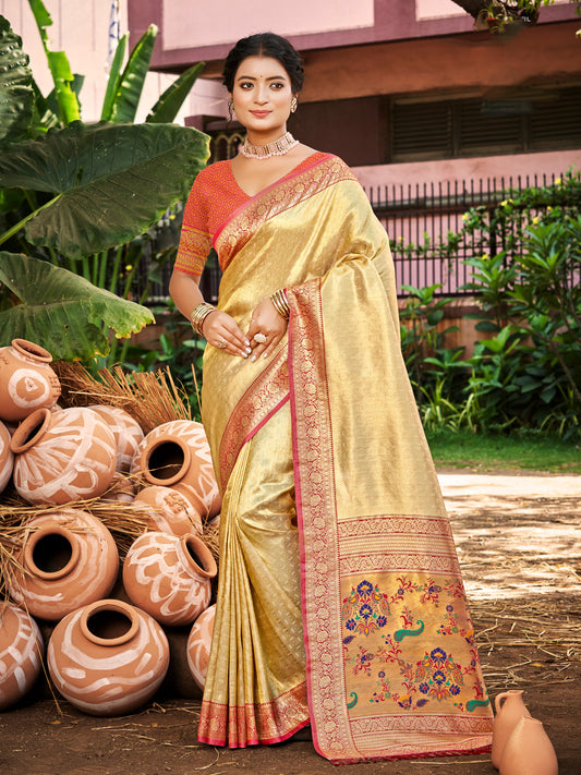 Sutriti Kanjivaram Silk Saree for Women Cream Wedding Wear with Red Blouse Rich Zari Woven Design Saree