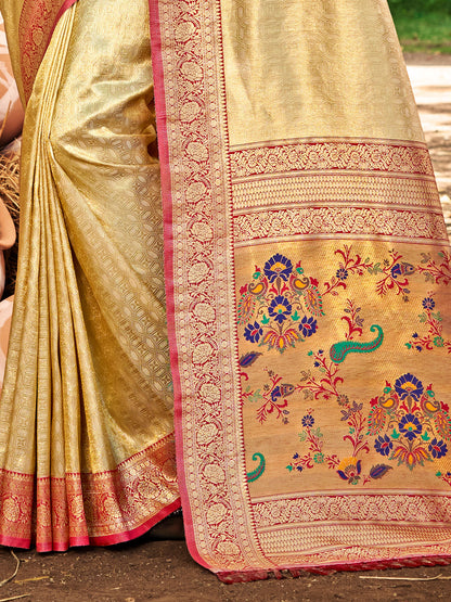 Sutriti Kanjivaram Silk Saree for Women Cream Wedding Wear with Red Blouse Rich Zari Woven Design Saree