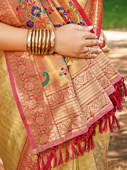 Sutriti Kanjivaram Silk Saree for Women Cream Wedding Wear with Red Blouse Rich Zari Woven Design Saree