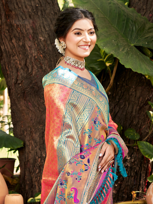 Sutriti Kanjivaram Silk Saree for Women Peach Wedding Wear with Red Blouse Rich Zari Woven Design Saree