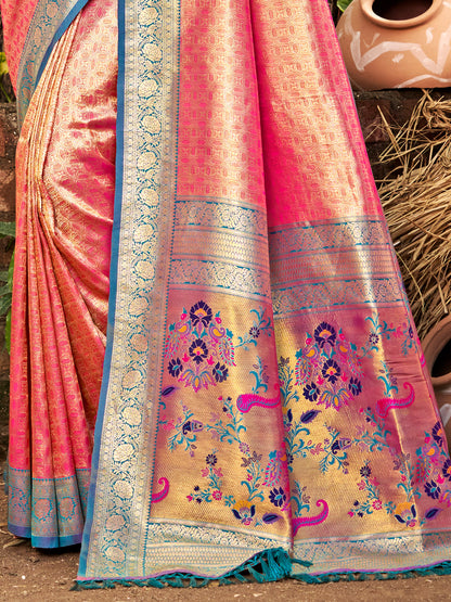 Sutriti Kanjivaram Silk Saree for Women Peach Wedding Wear with Red Blouse Rich Zari Woven Design Saree