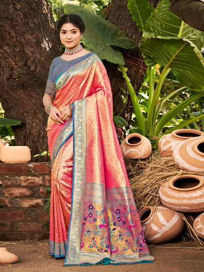 Sutriti Kanjivaram Silk Saree for Women Peach Wedding Wear with Red Blouse Rich Zari Woven Design Saree