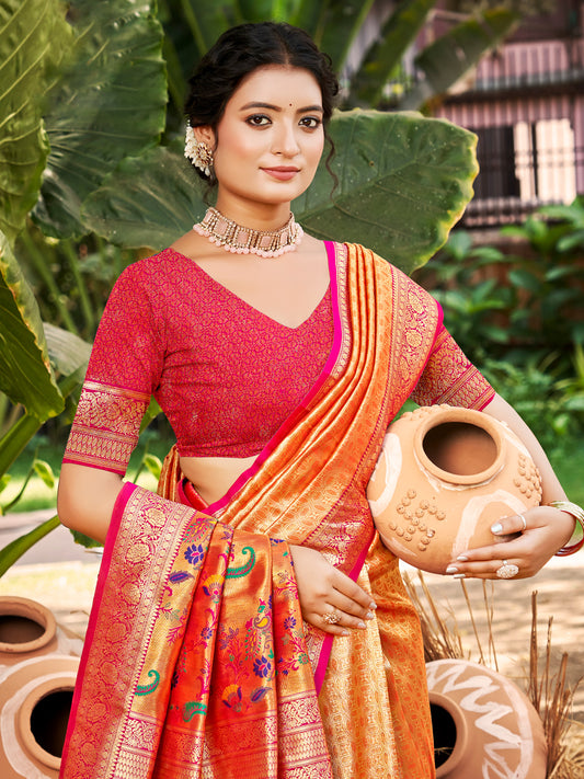 Sutriti Kanjivaram Silk Saree for Women Orange Wedding Wear with Red Blouse Rich Zari Woven Design Saree