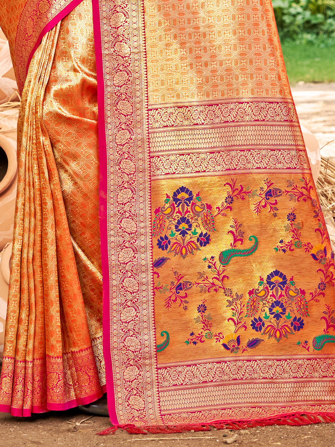Sutriti Kanjivaram Silk Saree for Women Orange Wedding Wear with Red Blouse Rich Zari Woven Design Saree
